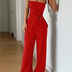 Elegant Red Strapless Jumpsuit